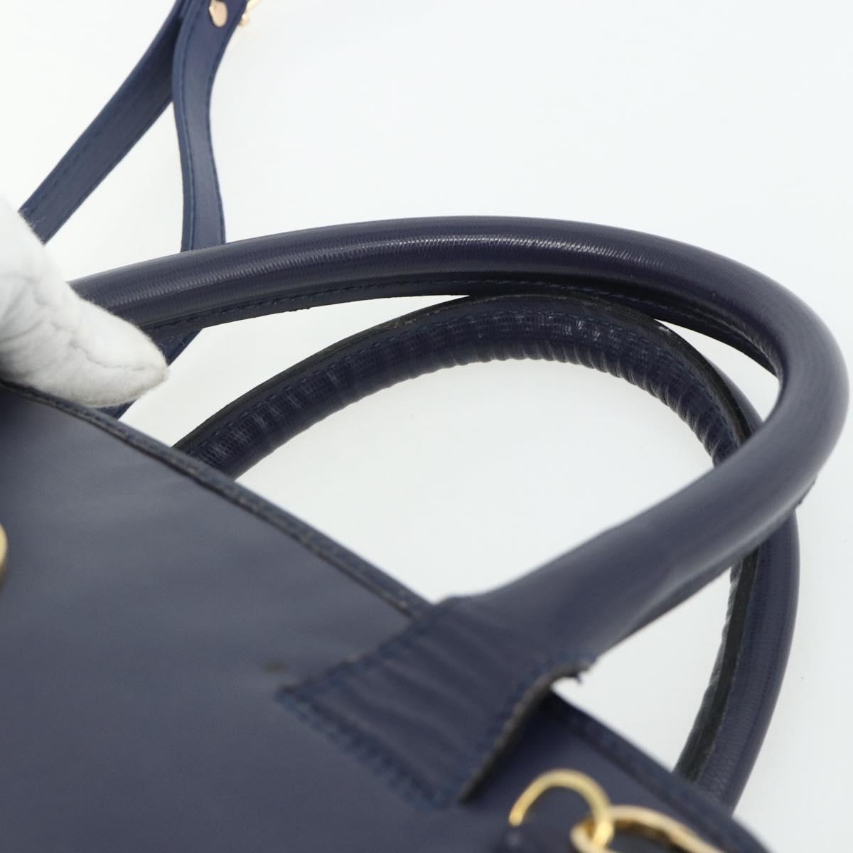 CELINE Hand Bag Leather 2way Navy Gold Auth 176670