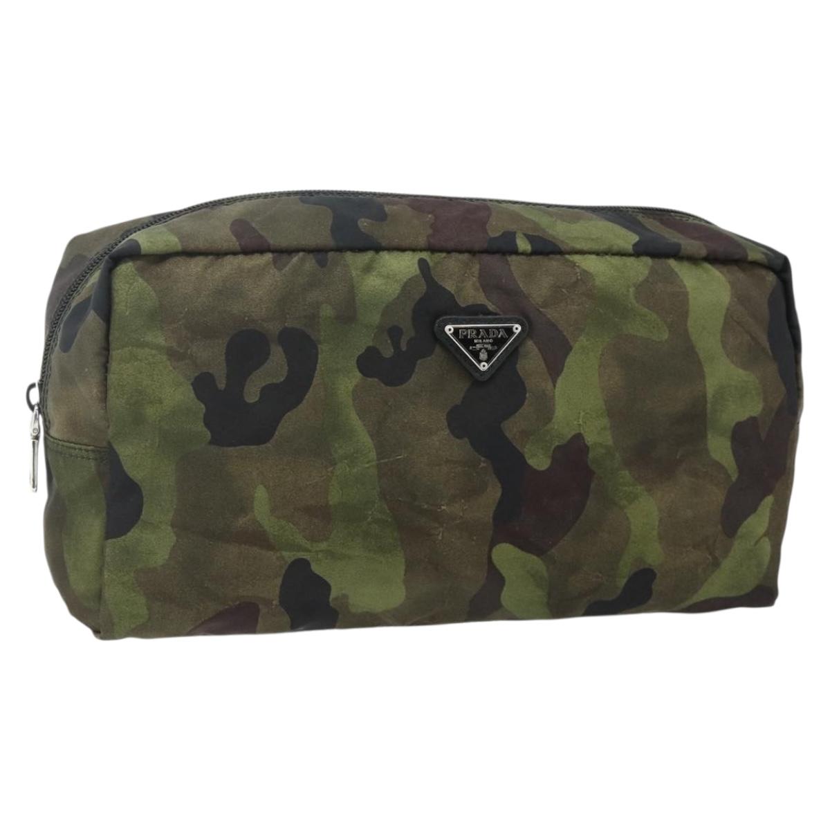 PRADA Pouch Nylon Silver Khaki Auth 176692A