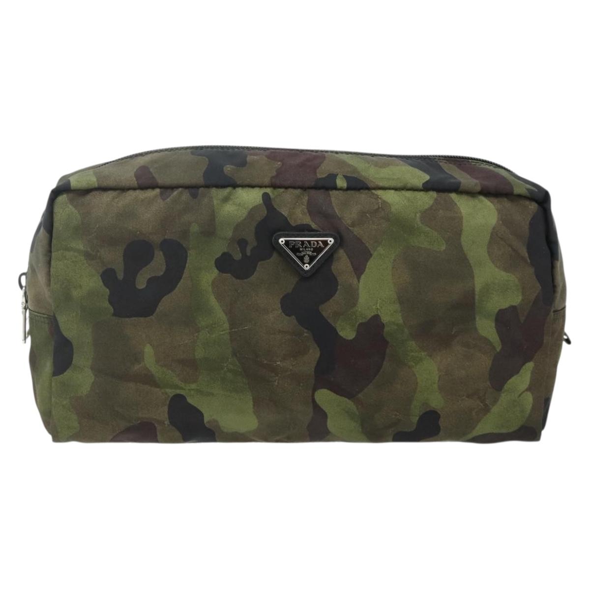 PRADA Pouch Nylon Silver Khaki Auth 176692A