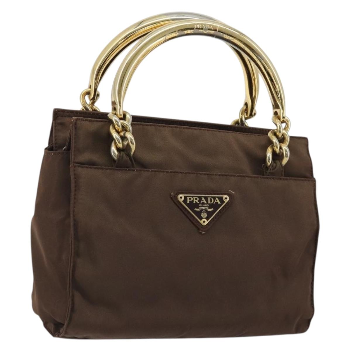 PRADA Hand Bag Nylon Brown Gold Auth 176715A
