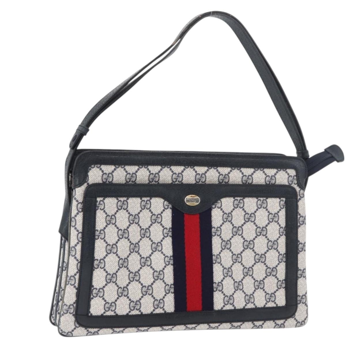GUCCI GG Supreme Sherry Line Shoulder Bag PVC Navy Gold 904 02 013 Auth 176719