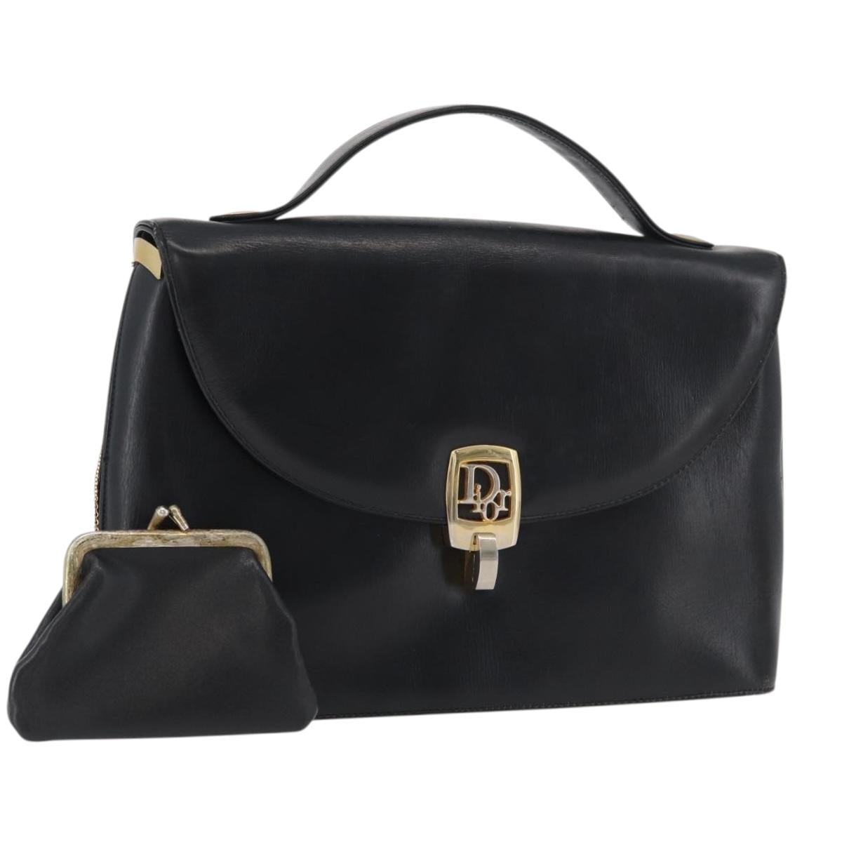 Christian Dior Hand Bag Calf Skin Black Gold Auth 176736