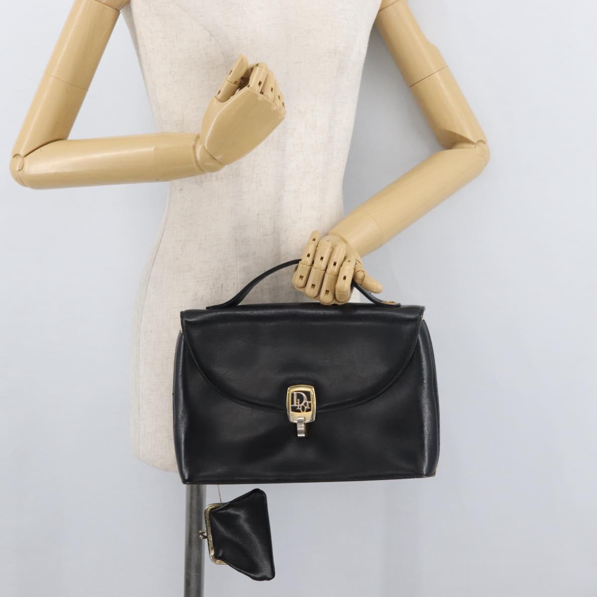 Christian Dior Hand Bag Calf Skin Black Gold Auth 176736