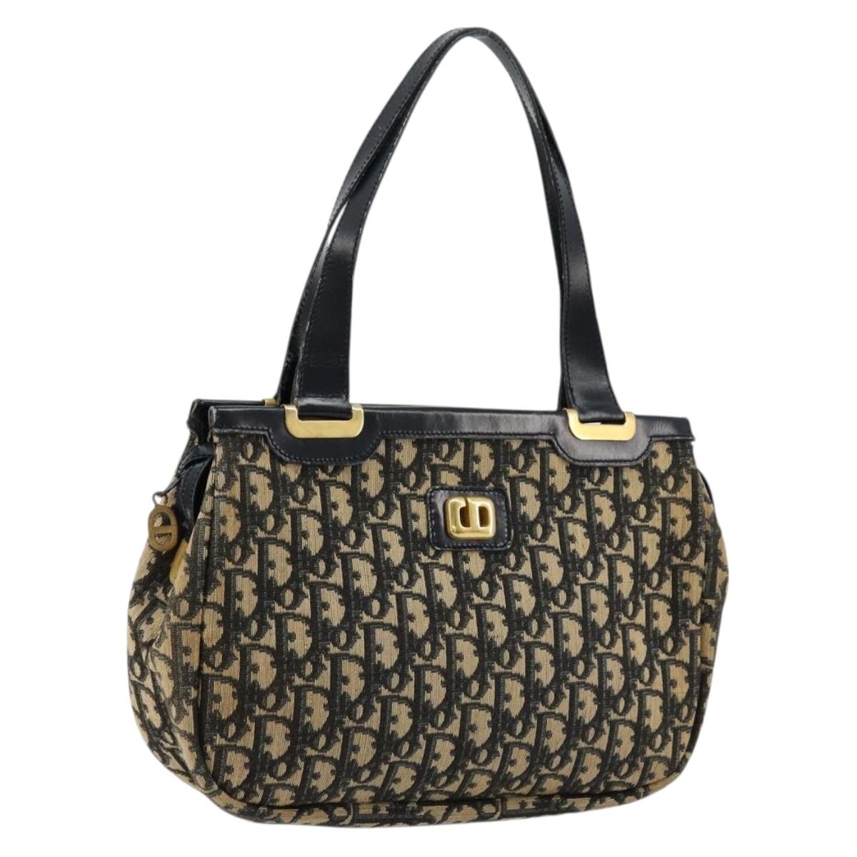 Christian Dior Trotter Canvas Hand Bag Navy Gold Auth 176737