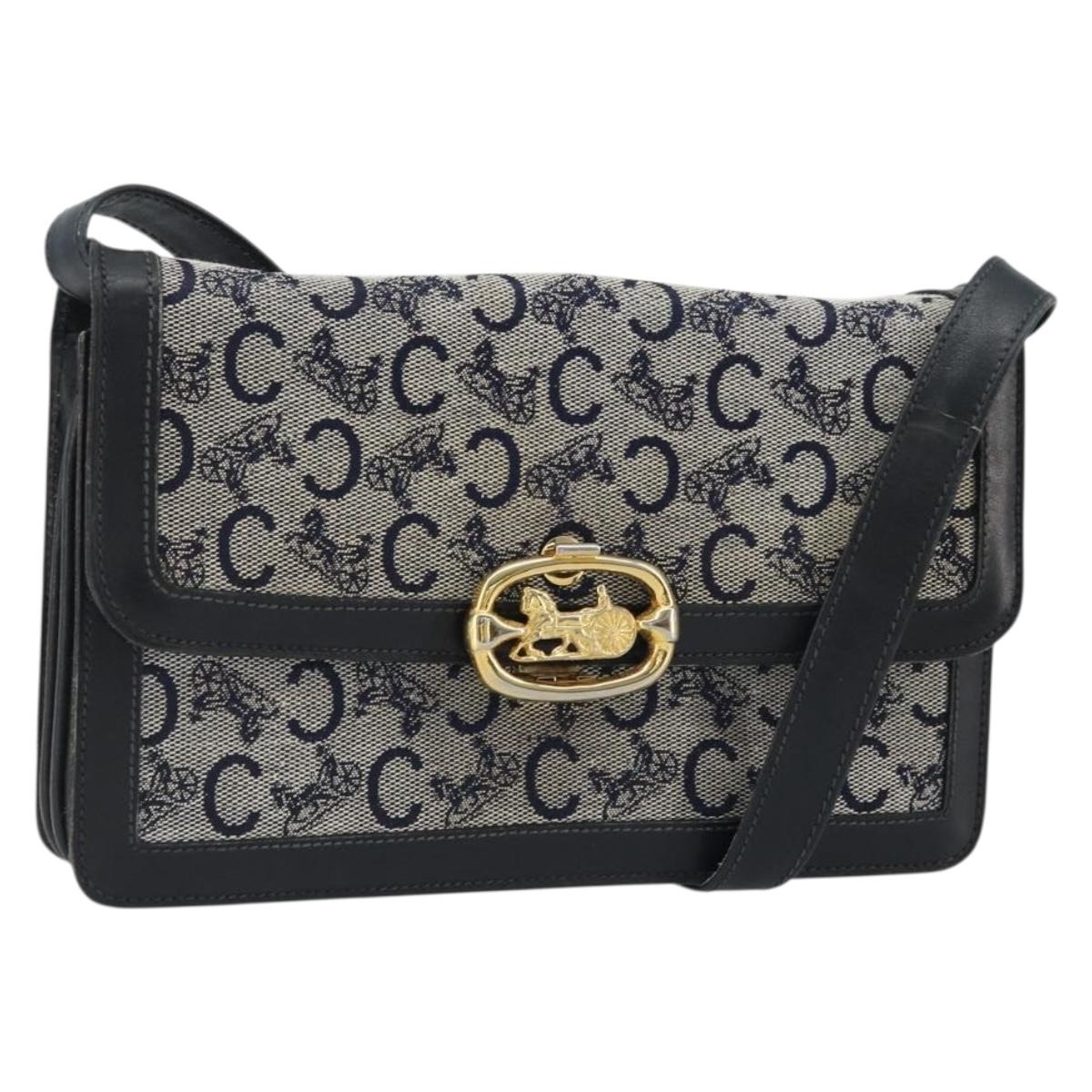 CELINE C Sulky Shoulder Bag Canvas Navy Gold Auth 176739