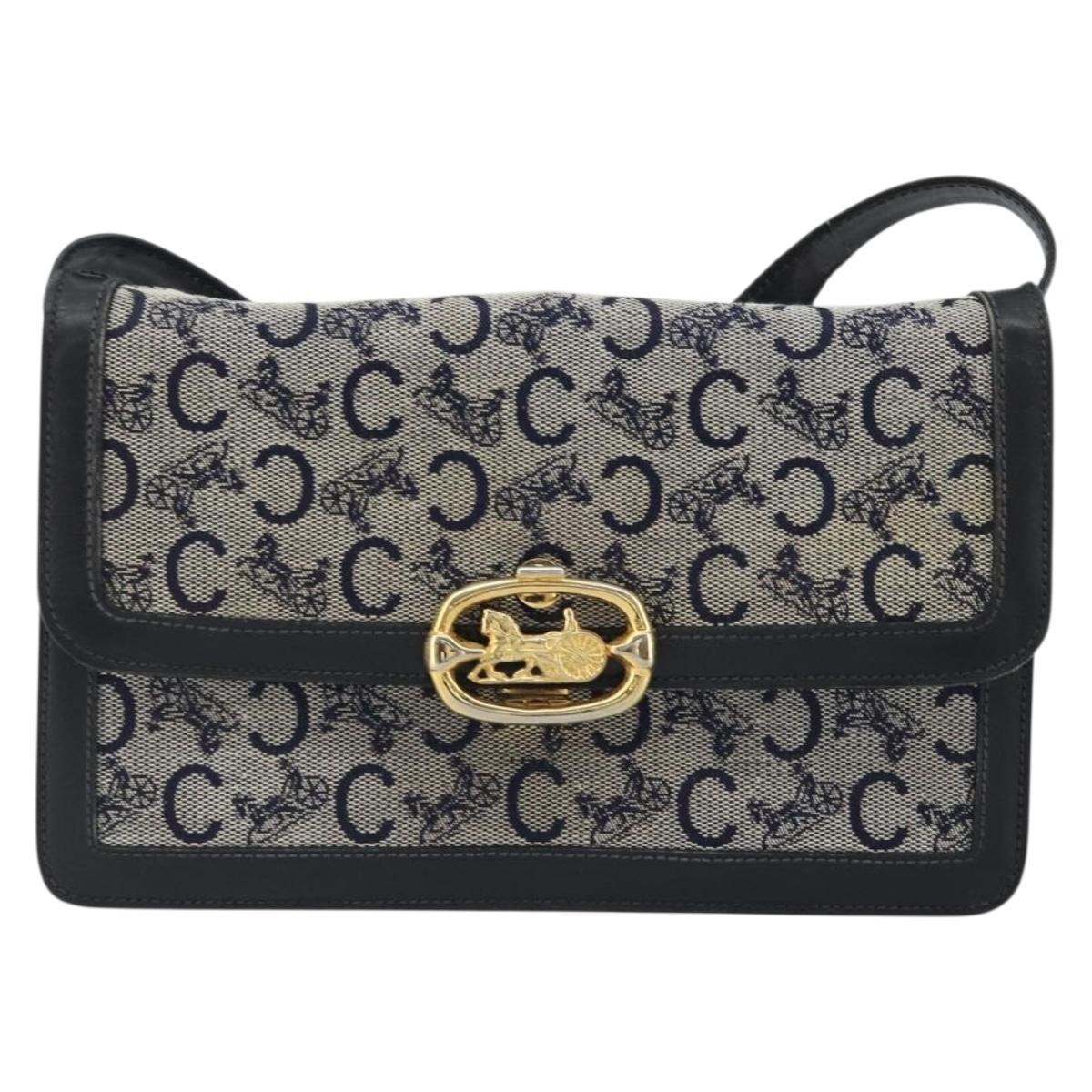 CELINE C Sulky Shoulder Bag Canvas Navy Gold Auth 176739