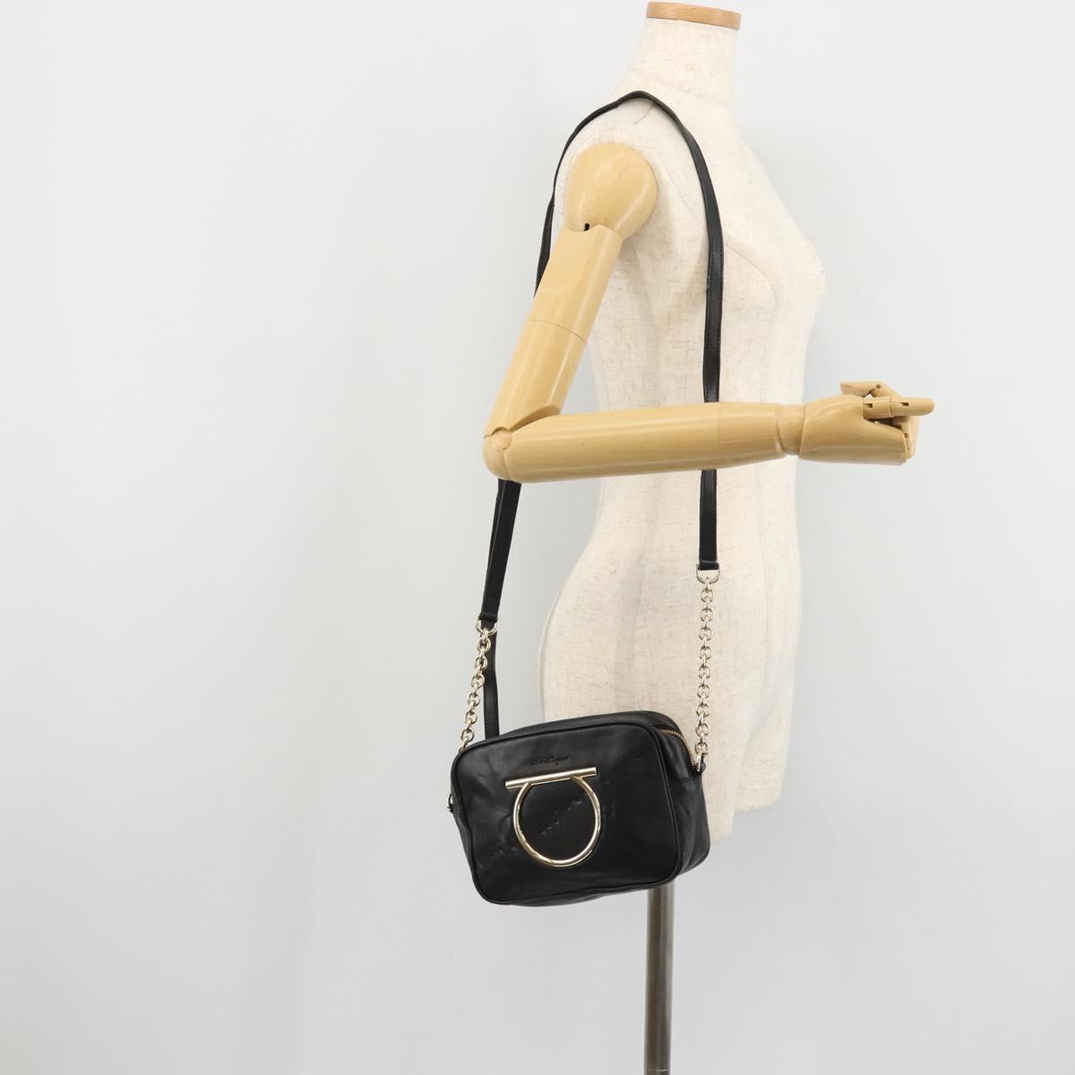 Salvatore Ferragamo Gancini Chain Shoulder Bag Leather Black Gold Auth 176787