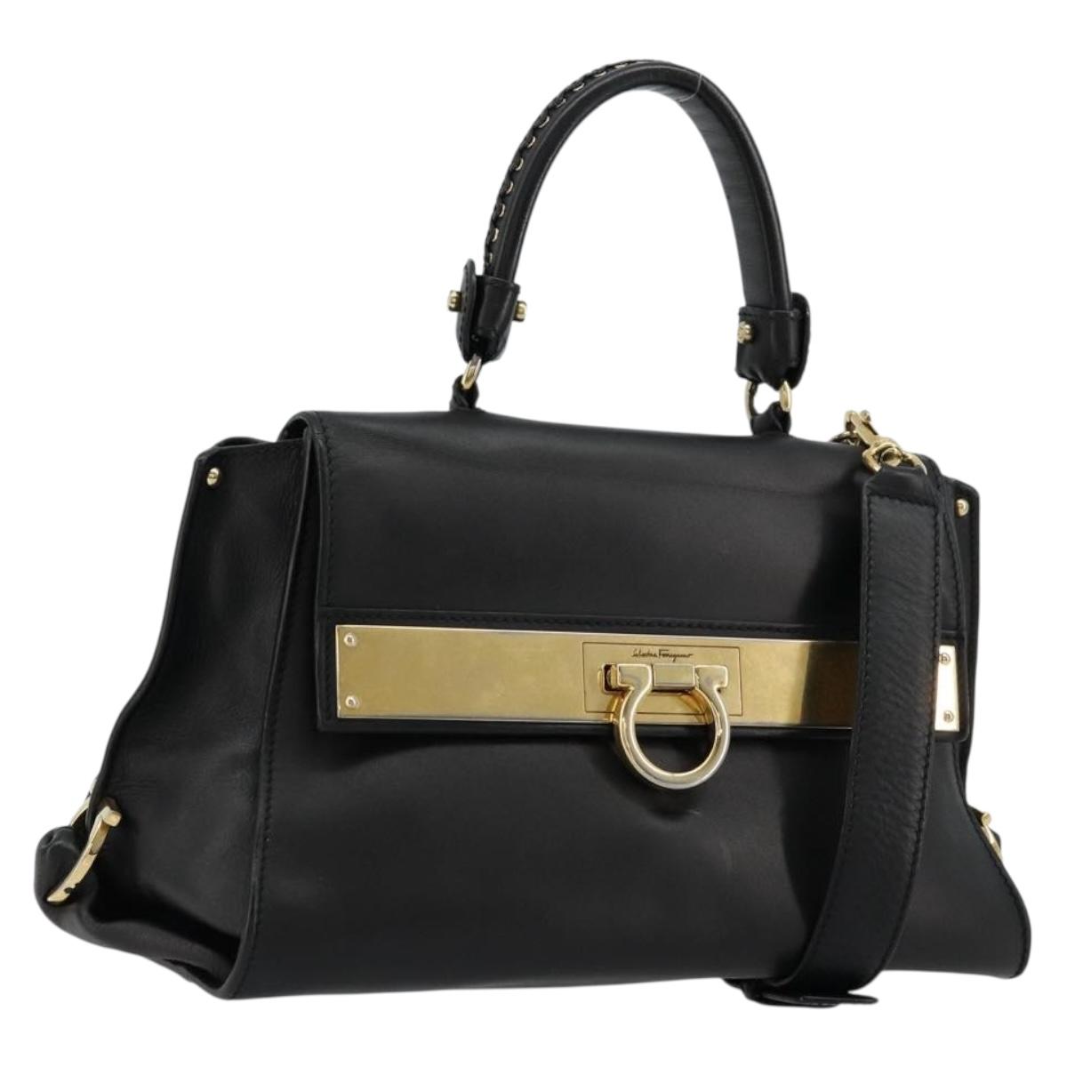 Salvatore Ferragamo Gancini Sofia Hand Bag Leather 2way Black Gold Auth 176789