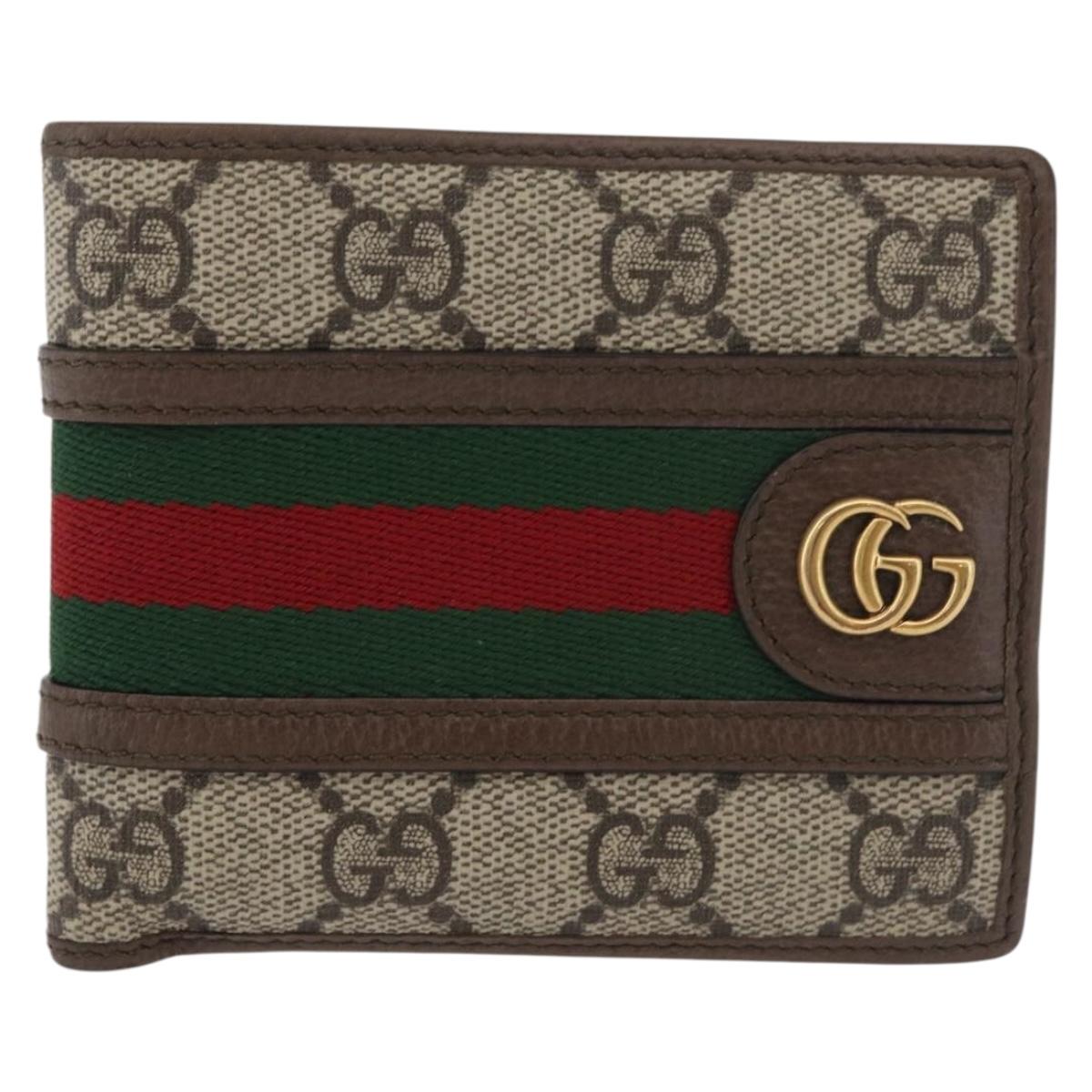 GUCCI Web Sherry Line GG Supreme Compact Wallet PVC Beige Red 597609 Auth 176813