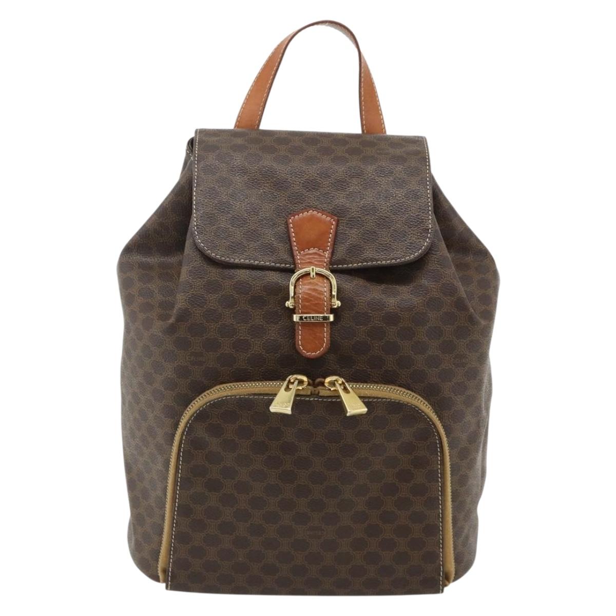 CELINE Macadam Canvas Backpack PVC Leather Brown Gold Auth 176821