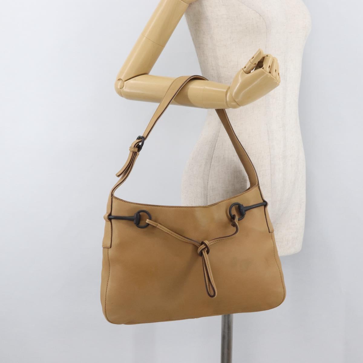 GUCCI Horsebit Shoulder Bag Leather Beige Gold 101975 Auth 176842A