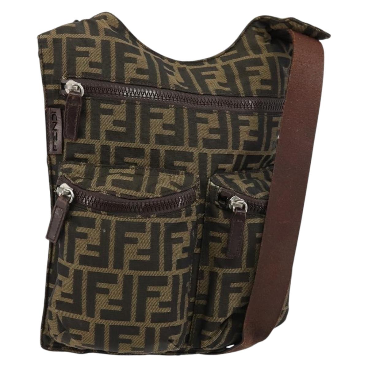 FENDI Zucca Canvas Shoulder Bag Black Brown Auth 176850A