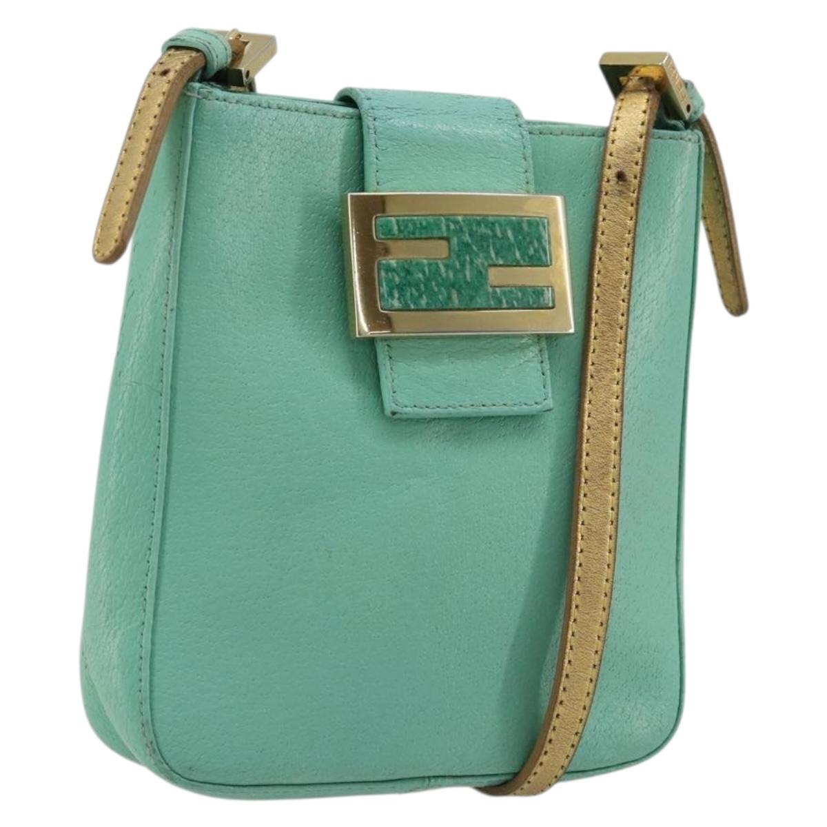 FENDI Mamma Baguette Shoulder Bag Leather Gold Light green Auth 176851A