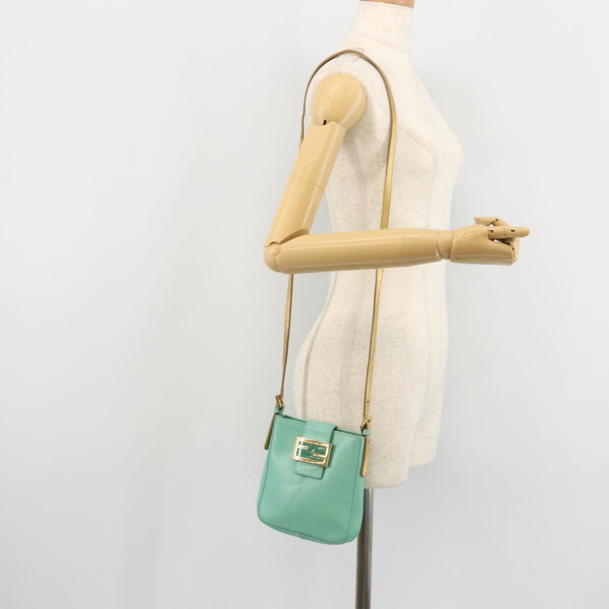 FENDI Mamma Baguette Shoulder Bag Leather Gold Light green Auth 176851A