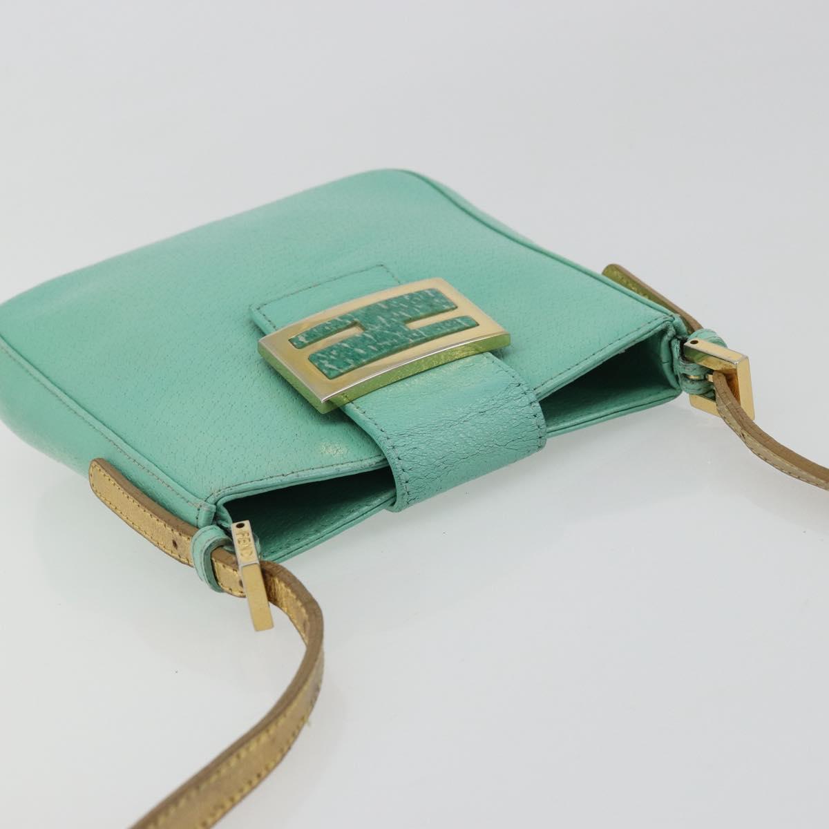 FENDI Mamma Baguette Shoulder Bag Leather Gold Light green Auth 176851A