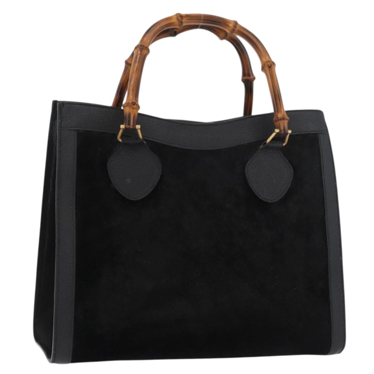 GUCCI Bamboo Hand Bag Suede Leather Black Gold 002 1196 0260 Auth 176869