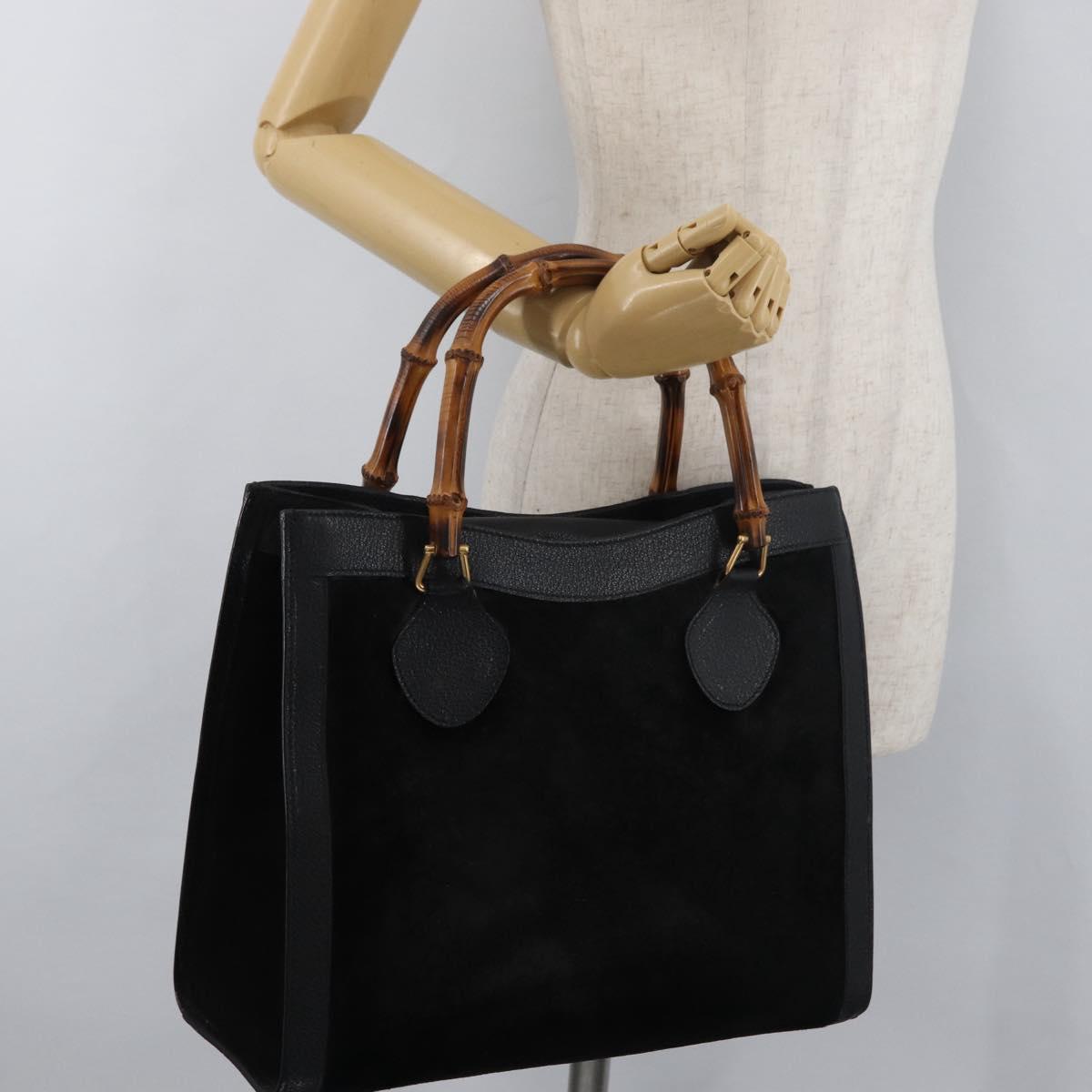 GUCCI Bamboo Hand Bag Suede Leather Black Gold 002 1196 0260 Auth 176869