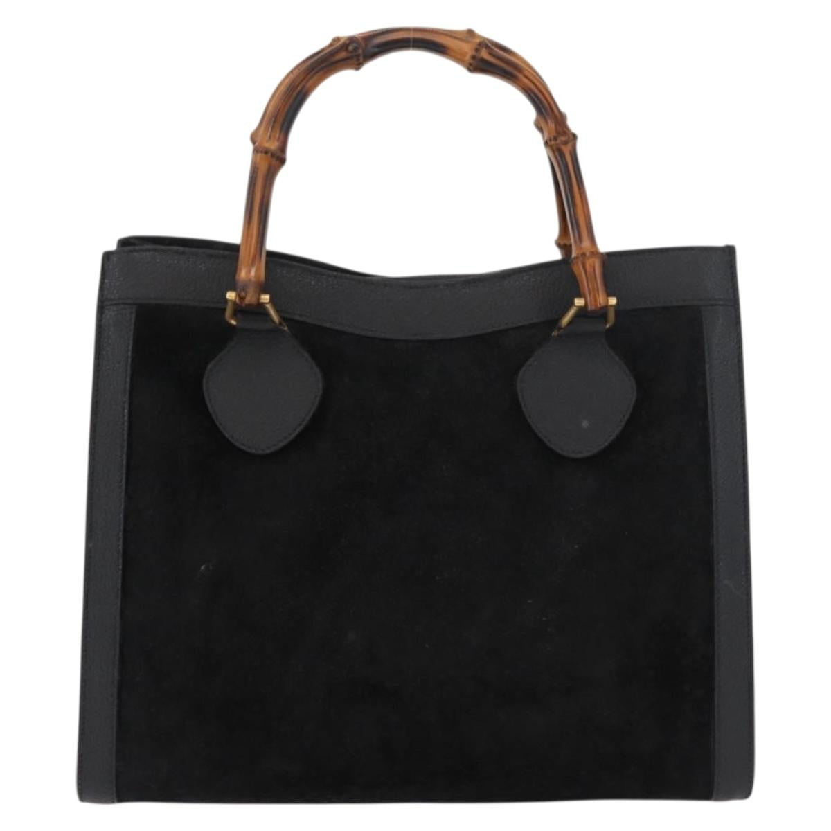GUCCI Bamboo Hand Bag Suede Leather Black Gold 002 1196 0260 Auth 176869