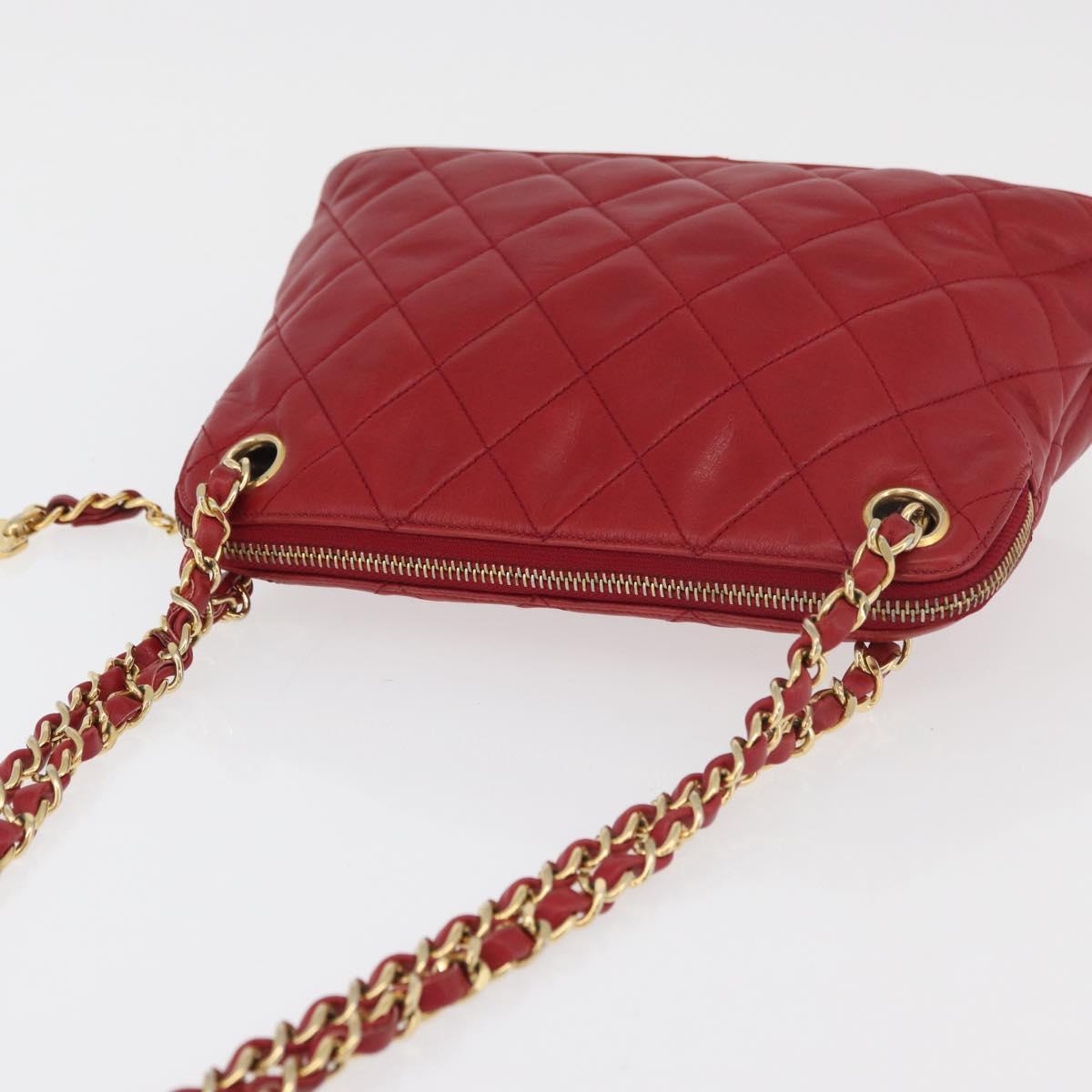 CHANEL Matelasse Chain Shoulder Bag Lamb Skin Red Gold CC Auth 176873