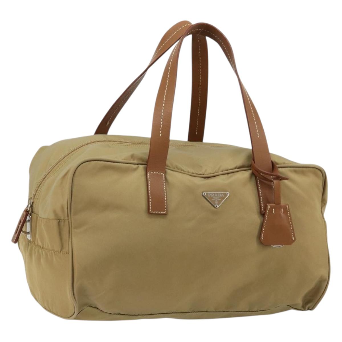 PRADA Boston Bag Nylon Silver Beige Auth 176900