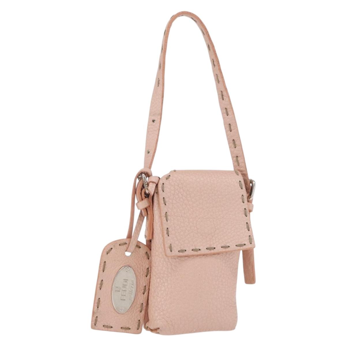 FENDI Celeria Pouch Leather Pink Silver Auth 176901A