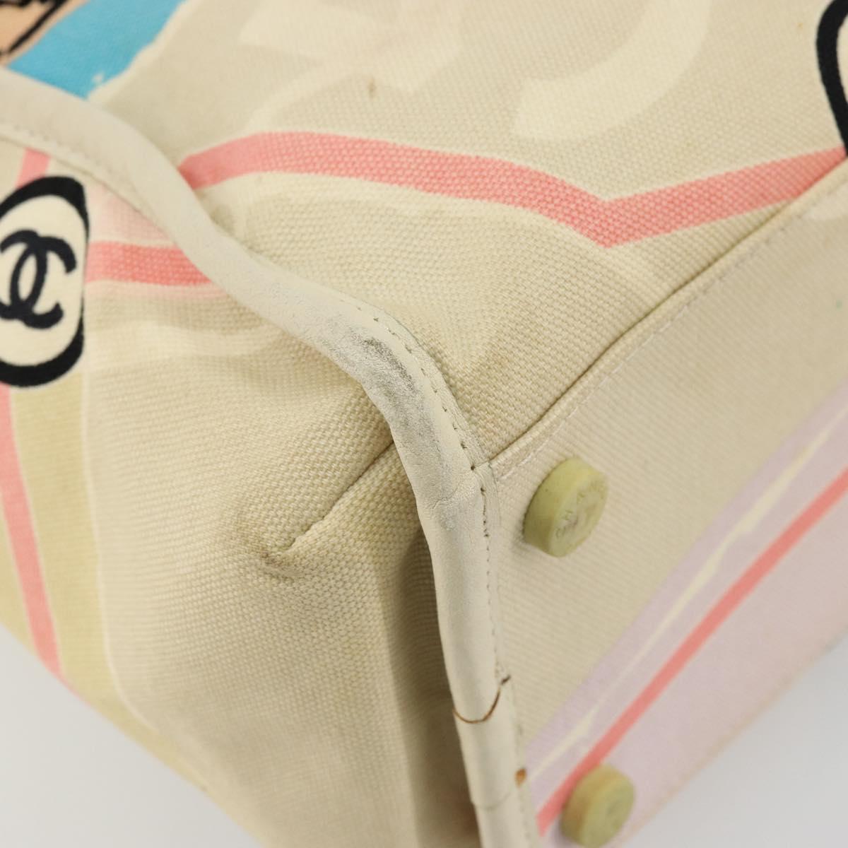 CHANEL Cruise Line Hand Bag Canvas Beige Silver CC Auth 176918