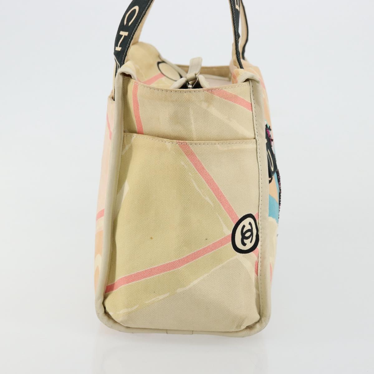 CHANEL Cruise Line Hand Bag Canvas Beige Silver CC Auth 176918
