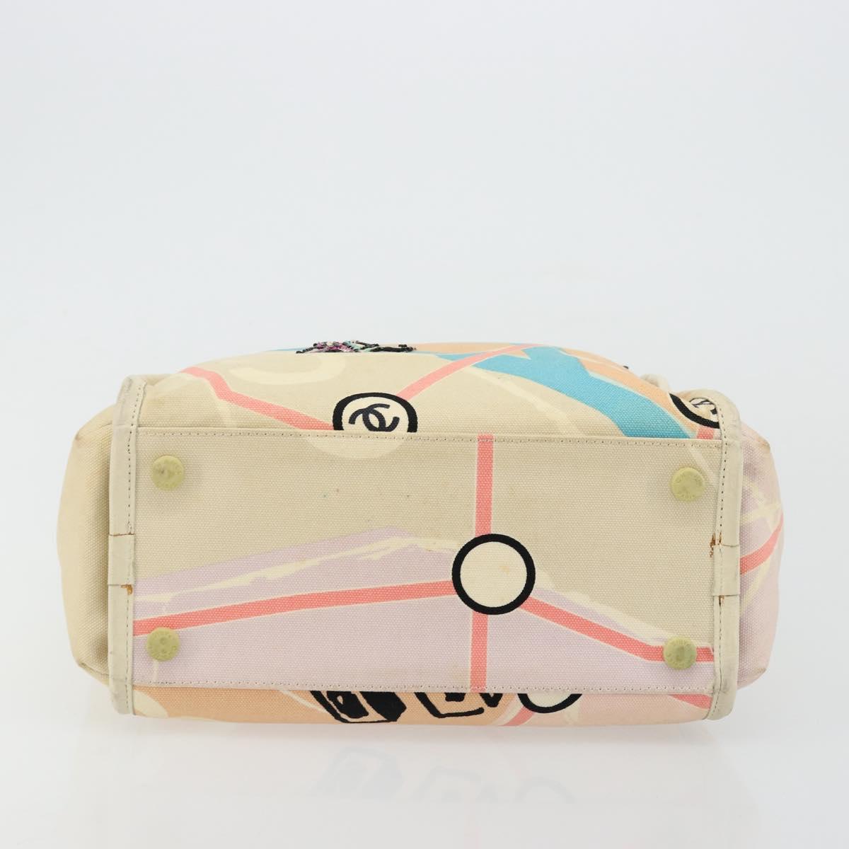 CHANEL Cruise Line Hand Bag Canvas Beige Silver CC Auth 176918