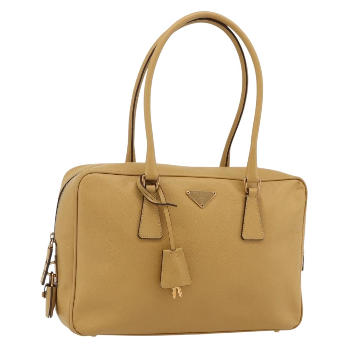 PRADA Hand Bag Safiano leather Beige Gold Auth 176972A