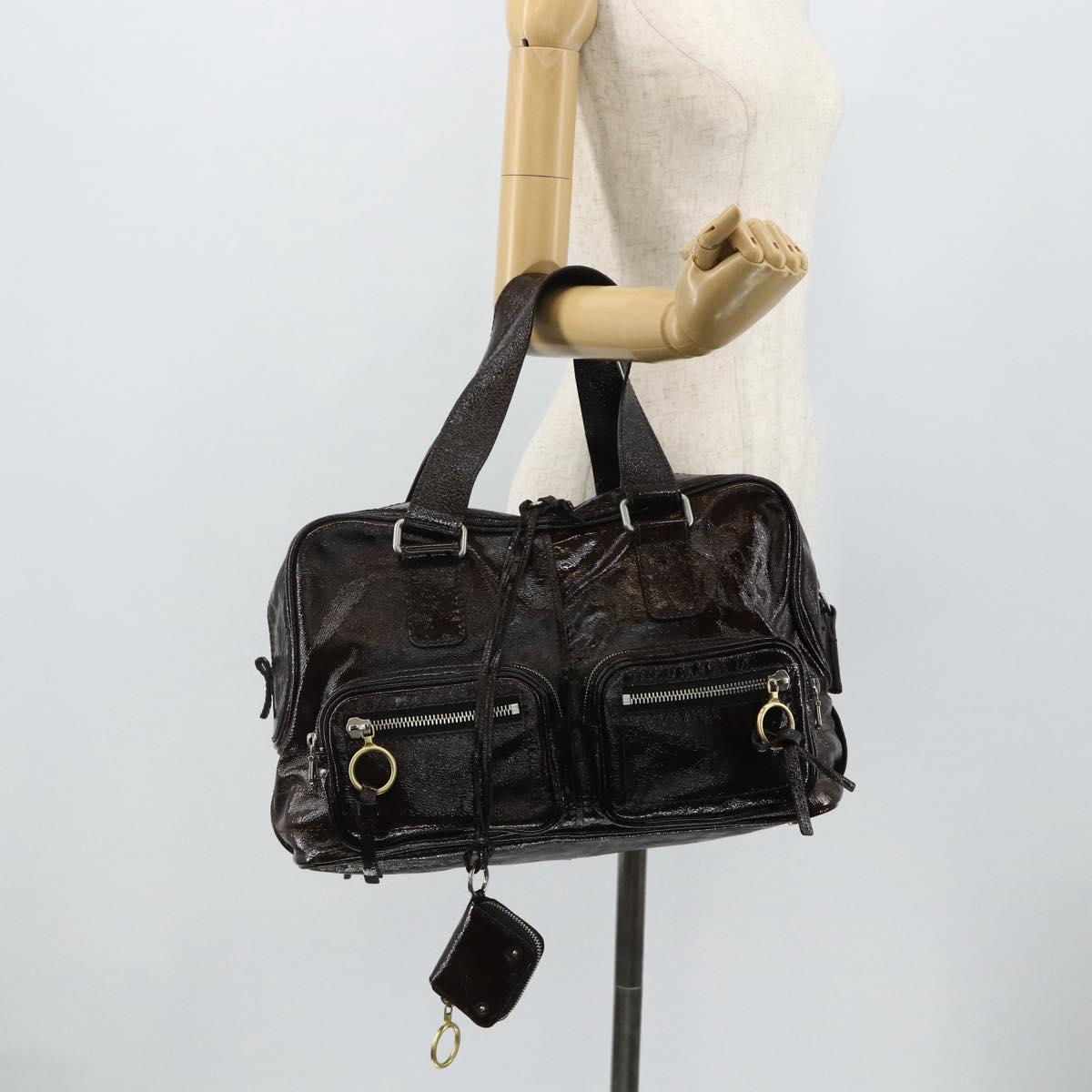 Chloe Betty Hand Bag Patent leather Brown Gold Silver Auth 176978A