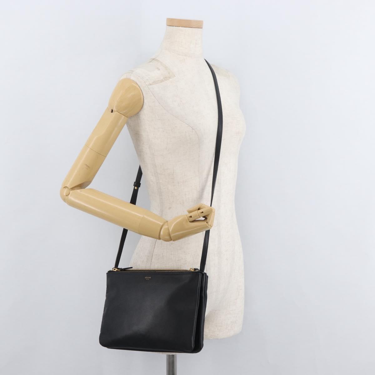 CELINE Trio Shoulder Bag Leather Black Gold Auth 176992A