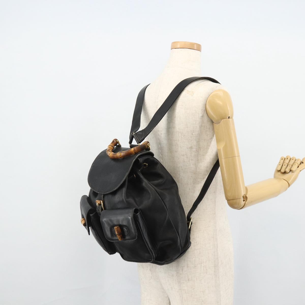 GUCCI Bamboo Backpack Leather Black Gold Auth 176996