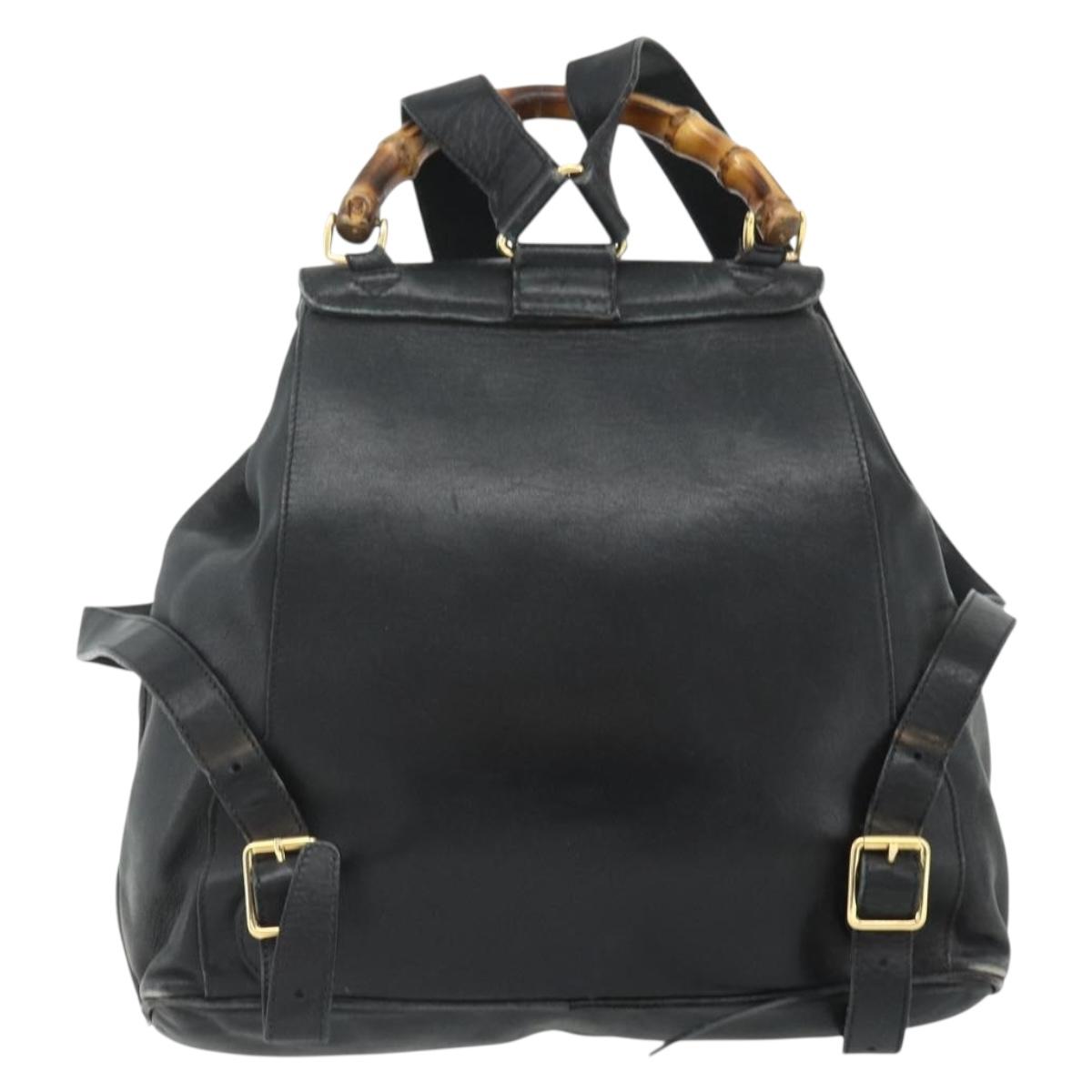 GUCCI Bamboo Backpack Leather Black Gold Auth 176996
