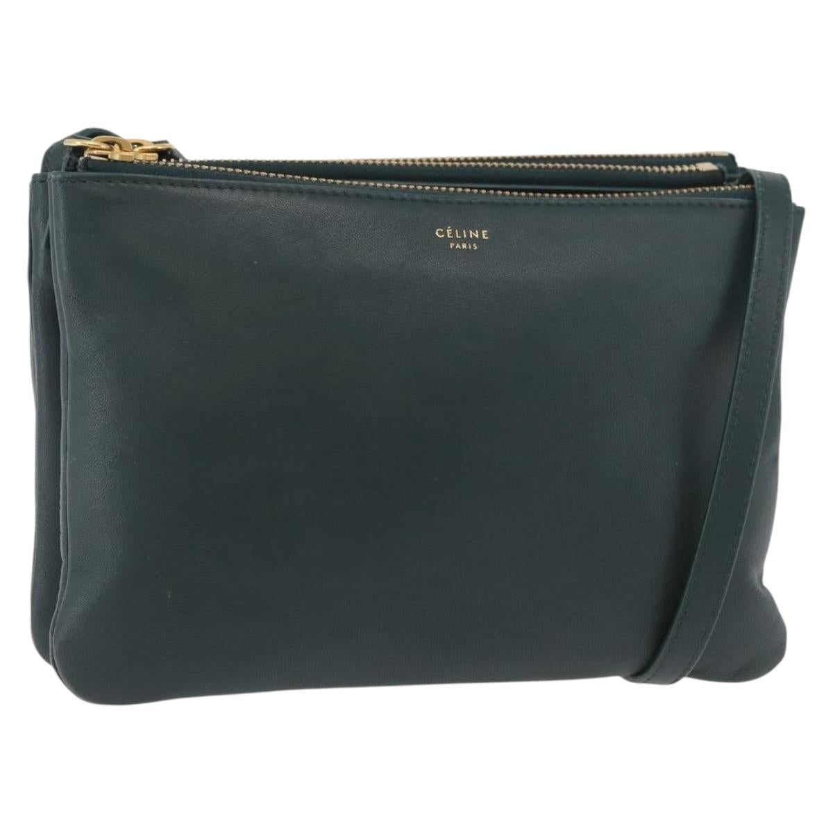 CELINE Trio Shoulder Bag Leather Green Gold Auth 177008A