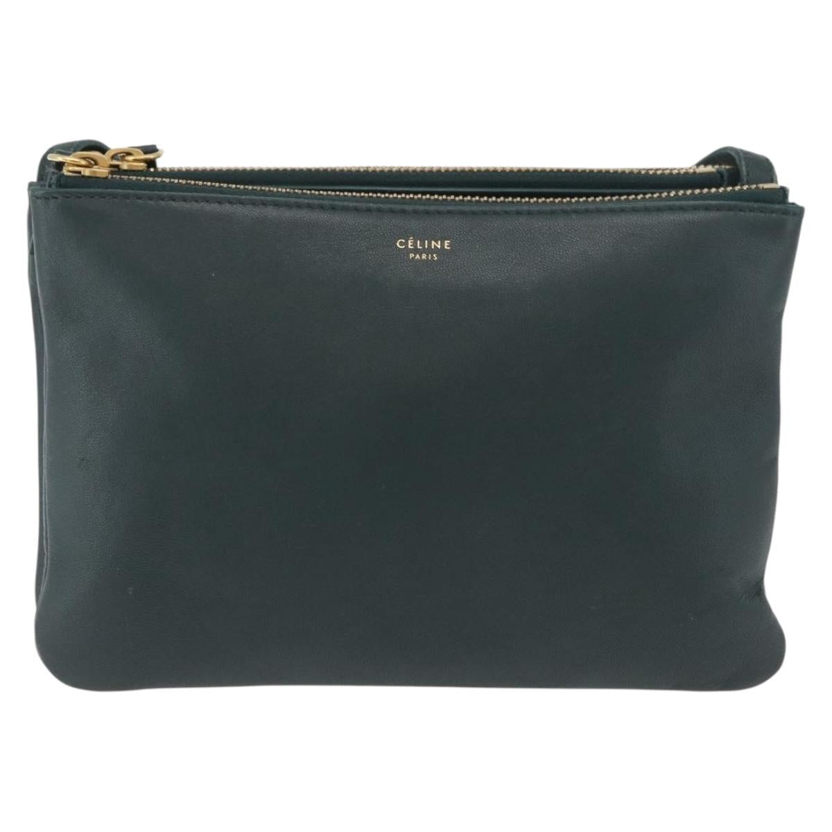 CELINE Trio Shoulder Bag Leather Green Gold Auth 177008A
