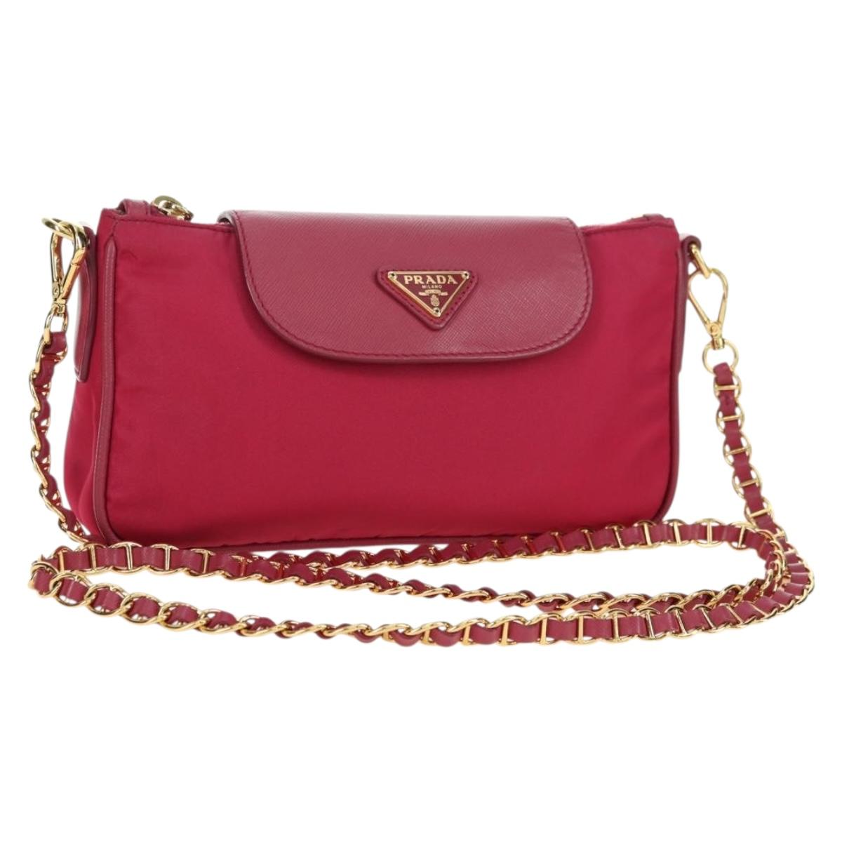 PRADA Chain Shoulder Bag Nylon Pink Gold Auth 177013V