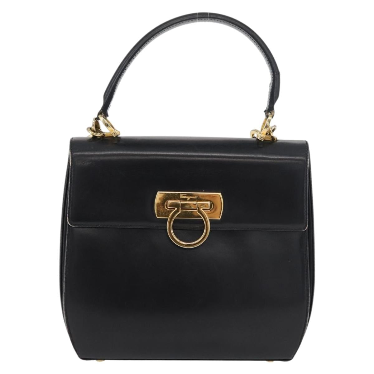 Salvatore Ferragamo Gancini Hand Bag Leather 2way Black Gold Auth 177018
