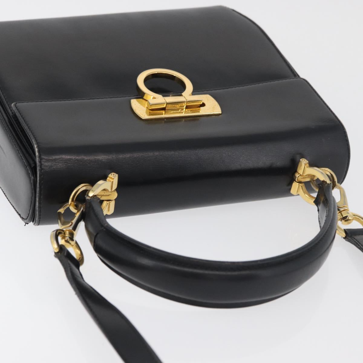 Salvatore Ferragamo Gancini Hand Bag Leather 2way Black Gold Auth 177018