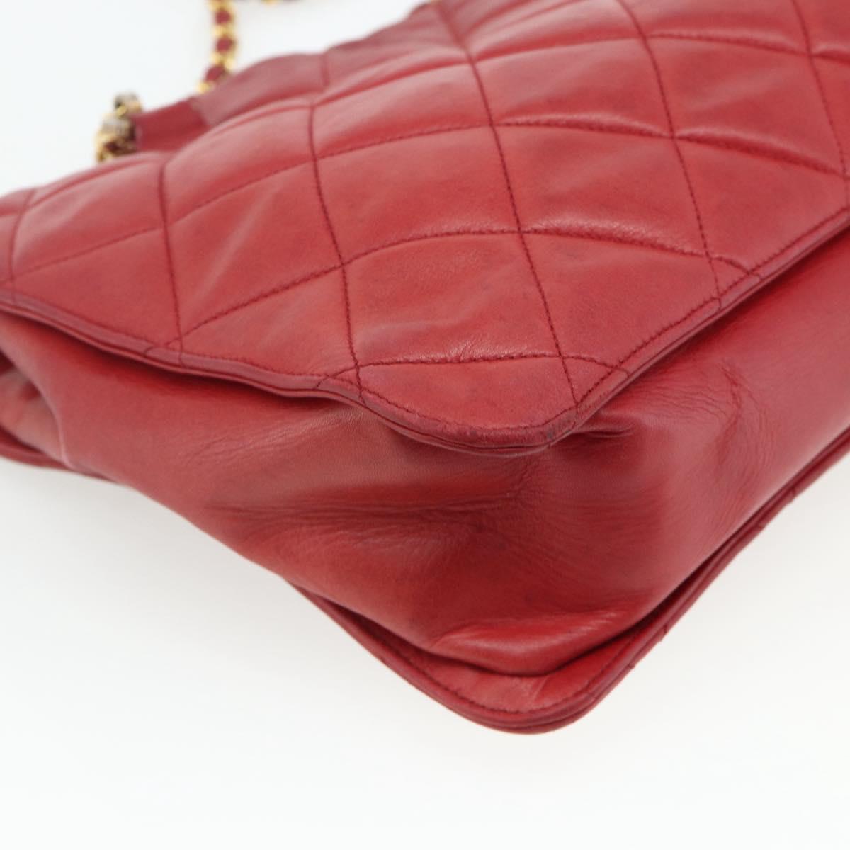 CHANEL Matelasse Chain Shoulder Bag Lamb Skin Red Gold CC Auth 177037