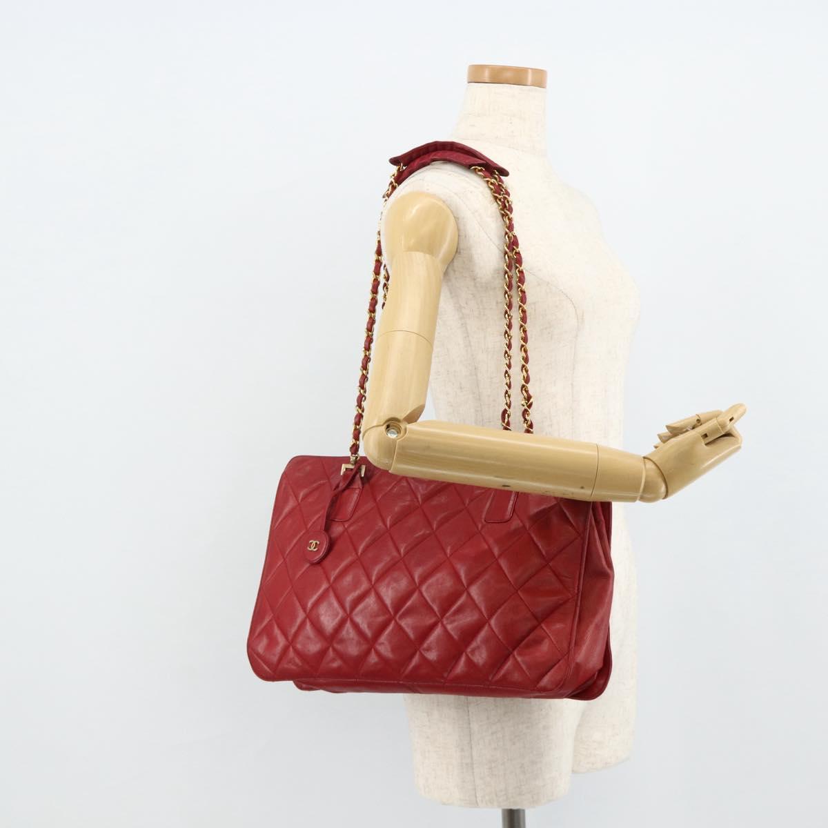 CHANEL Matelasse Chain Shoulder Bag Lamb Skin Red Gold CC Auth 177037