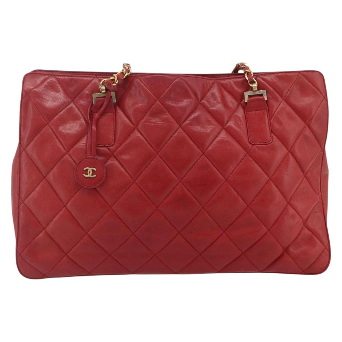 CHANEL Matelasse Chain Shoulder Bag Lamb Skin Red Gold CC Auth 177037