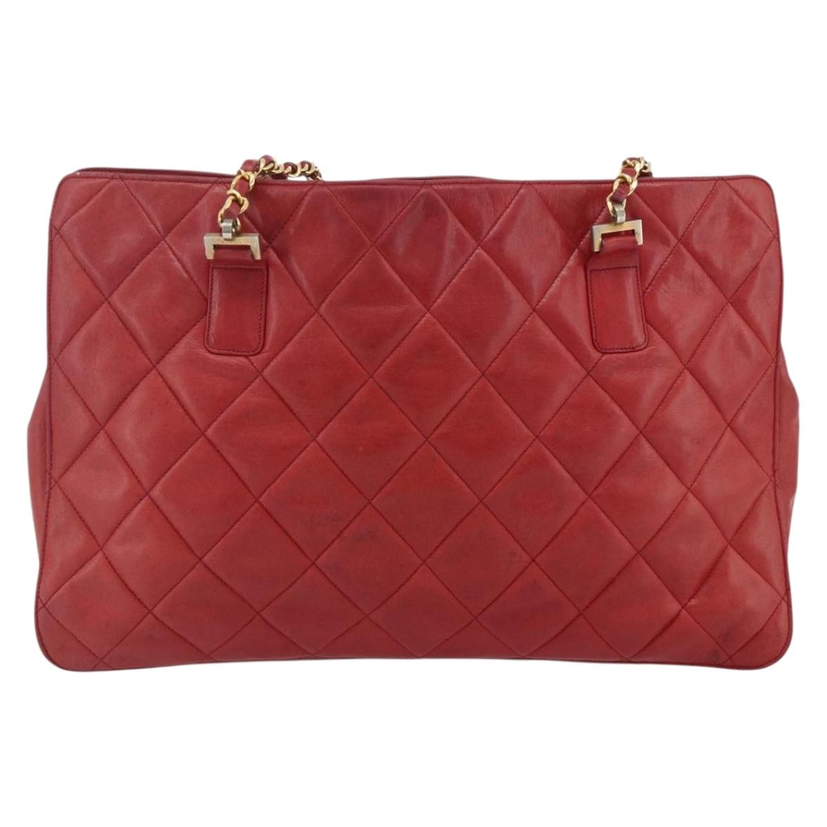 CHANEL Matelasse Chain Shoulder Bag Lamb Skin Red Gold CC Auth 177037