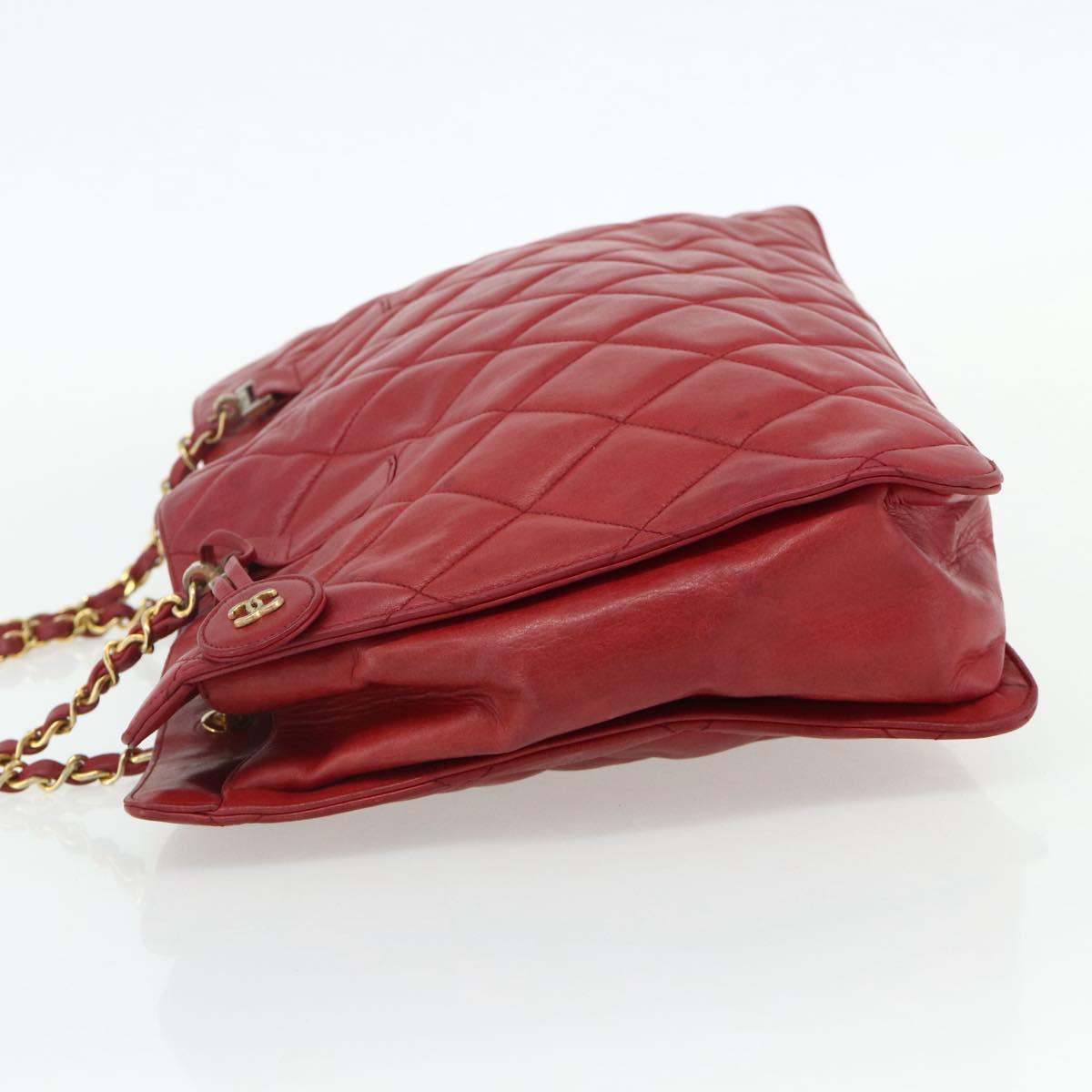 CHANEL Matelasse Chain Shoulder Bag Lamb Skin Red Gold CC Auth 177037