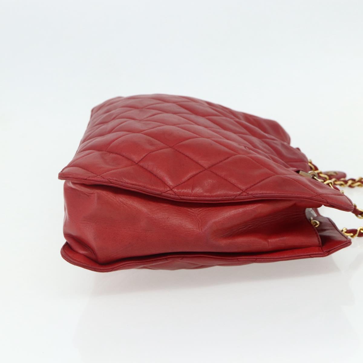 CHANEL Matelasse Chain Shoulder Bag Lamb Skin Red Gold CC Auth 177037