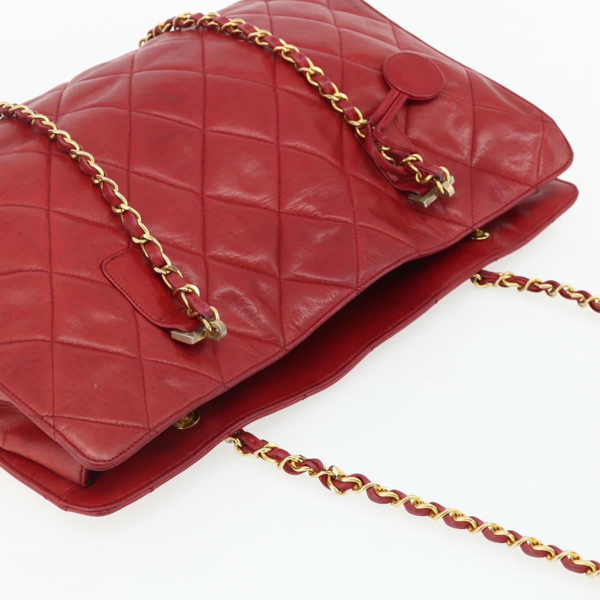 CHANEL Matelasse Chain Shoulder Bag Lamb Skin Red Gold CC Auth 177037