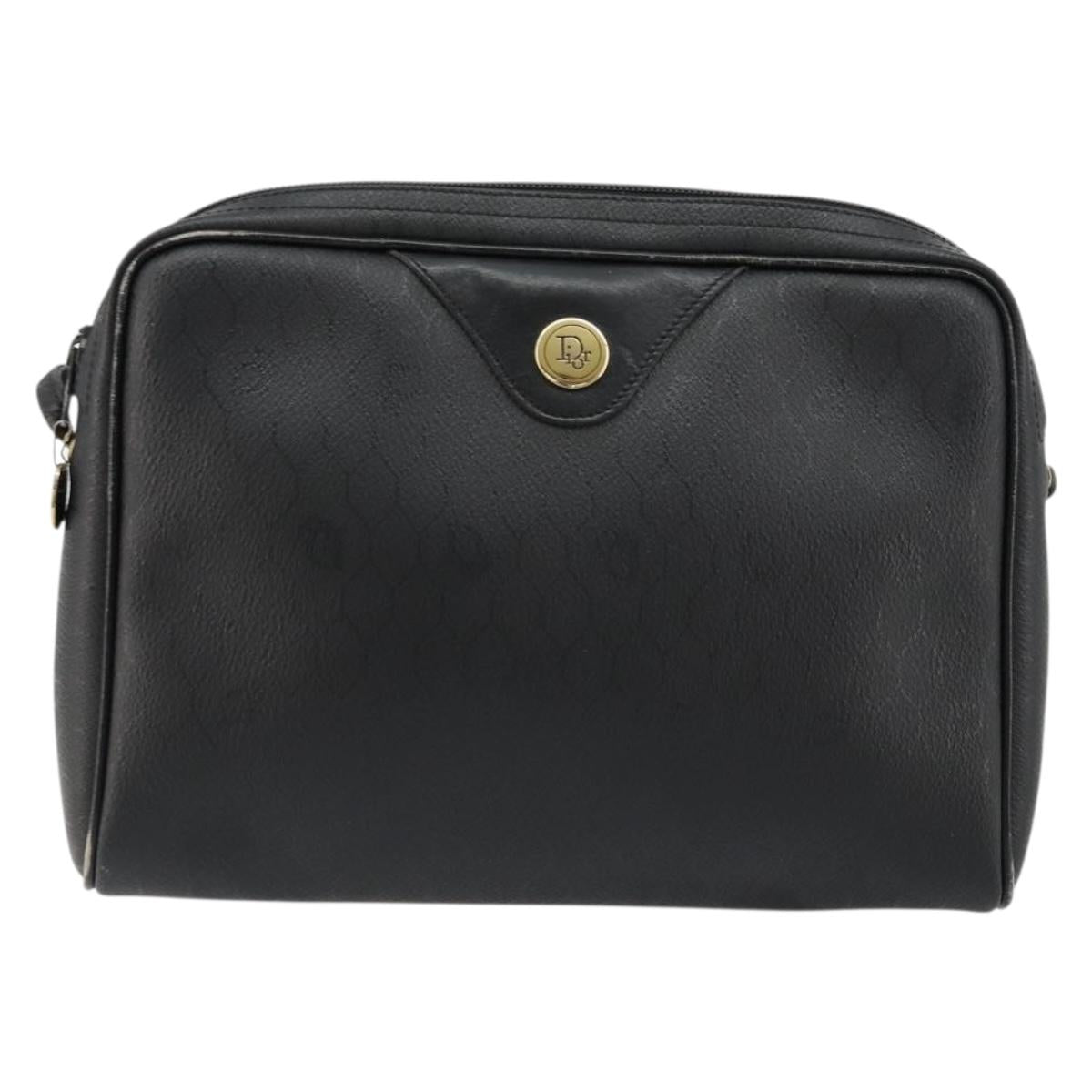 Christian Dior Honeycomb Canvas Shoulder Bag PVC Black Gold Auth 177040