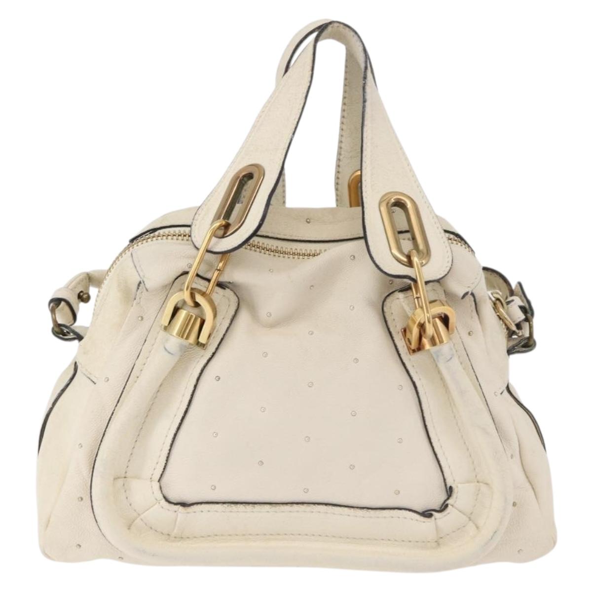 Chloe Paraty Hand Bag Leather 2way White Gold Auth 177045