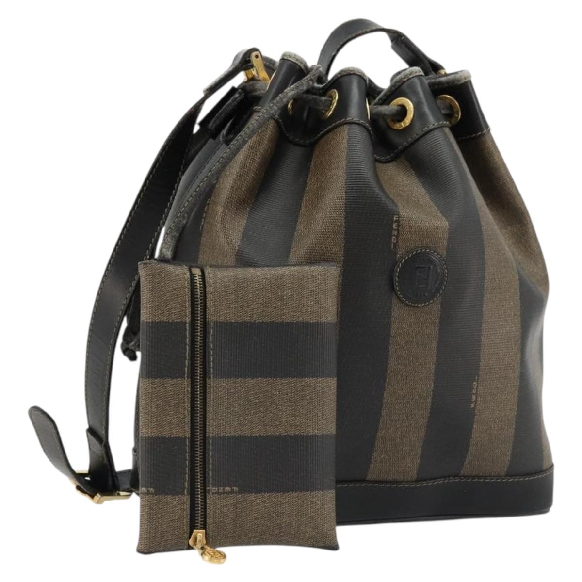 FENDI Pecan Canvas Shoulder Bag PVC Brown Black Auth 177061
