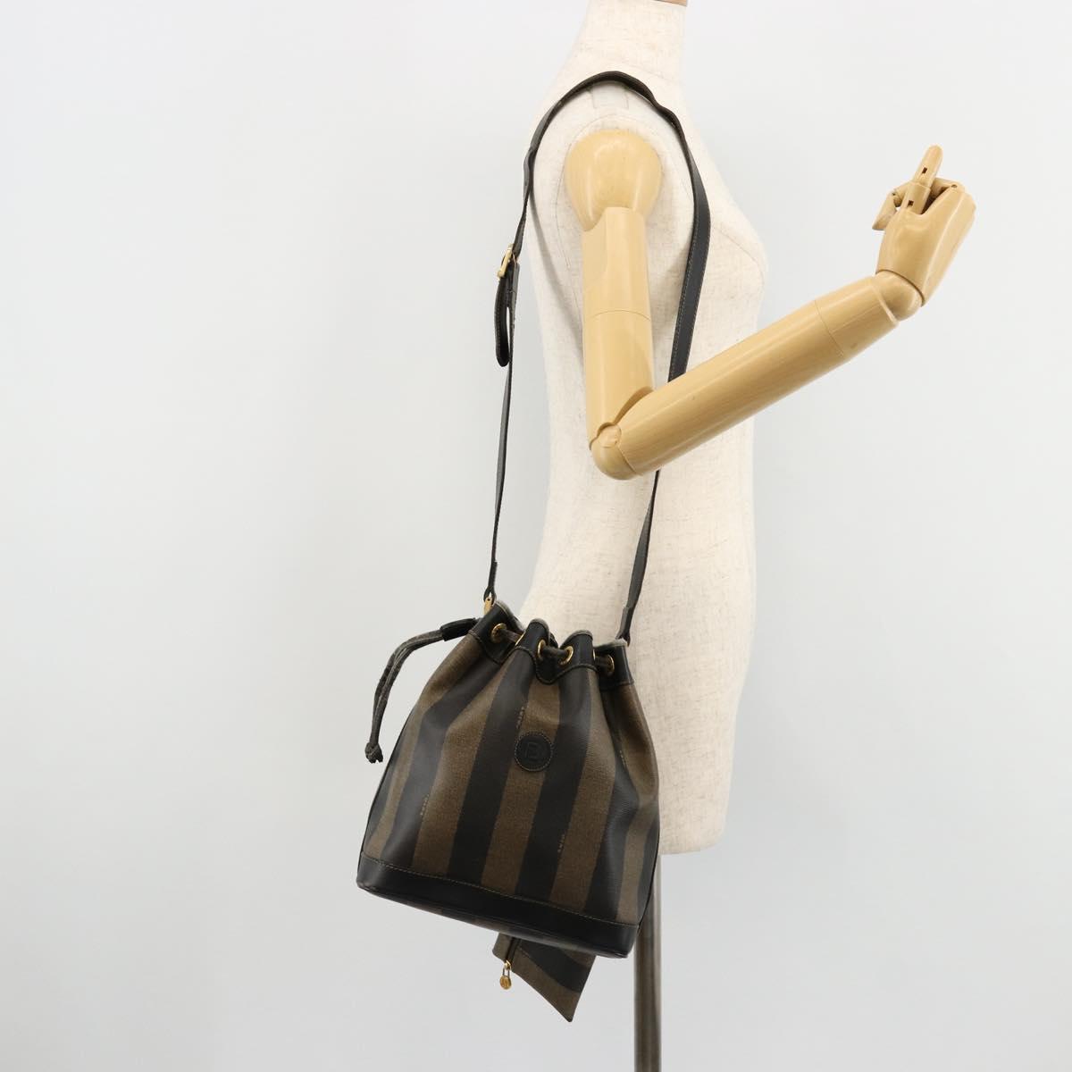 FENDI Pecan Canvas Shoulder Bag PVC Brown Black Auth 177061