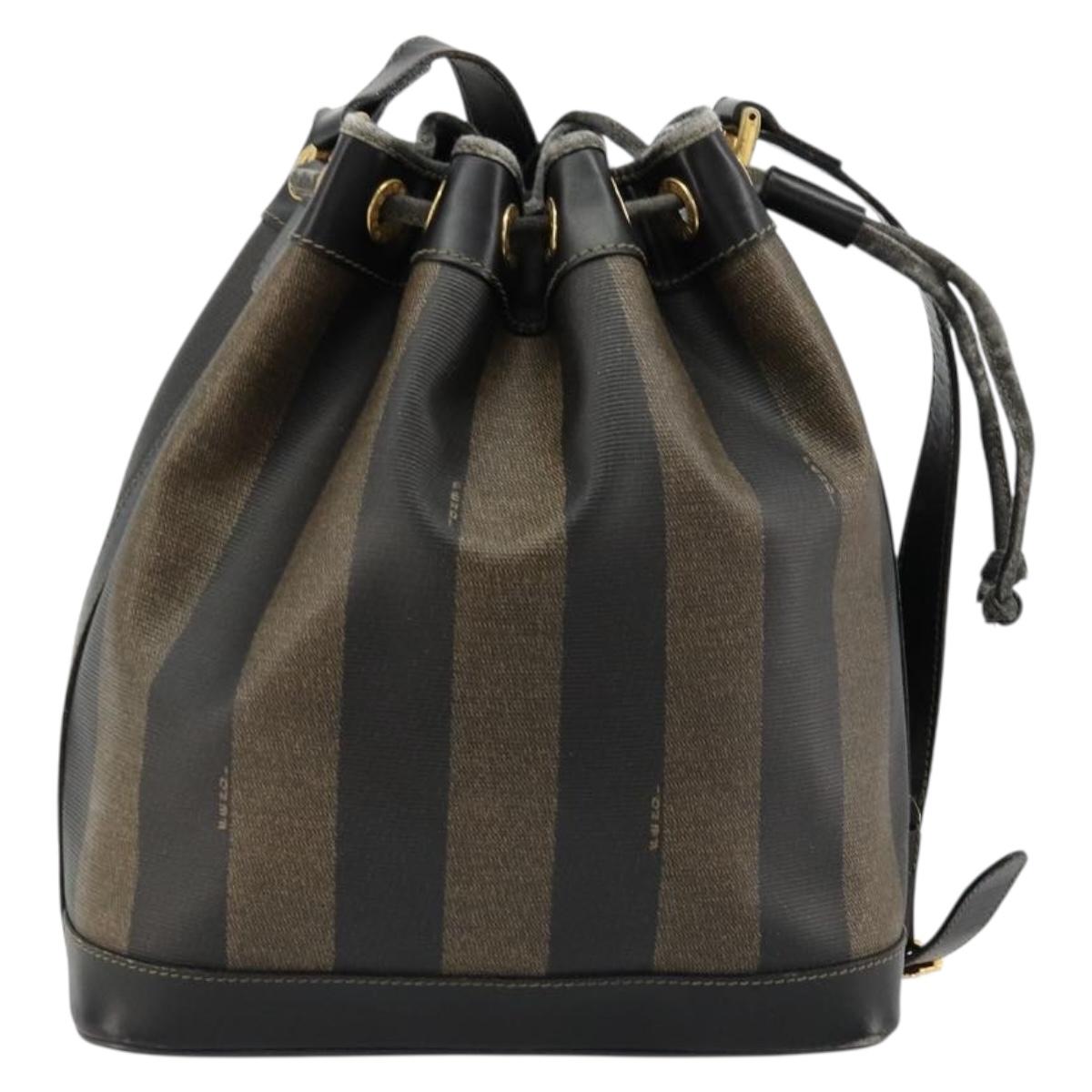 FENDI Pecan Canvas Shoulder Bag PVC Brown Black Auth 177061